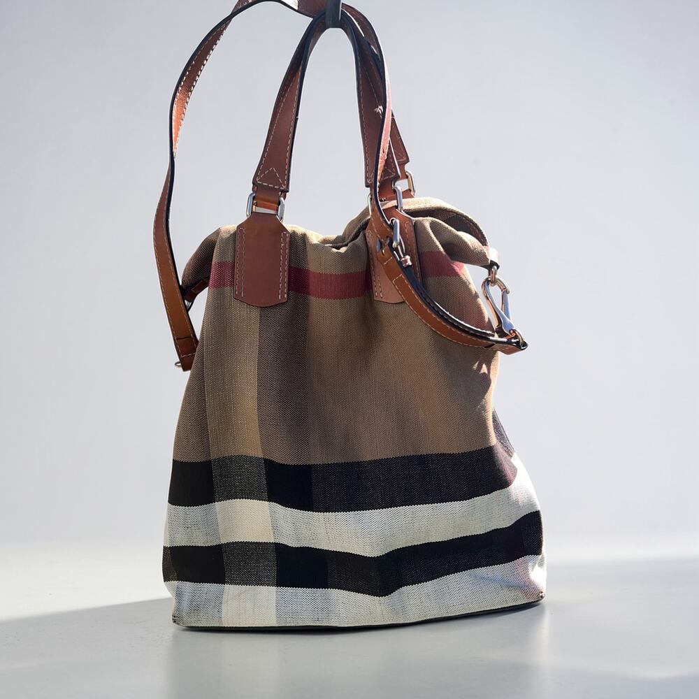 Burberry Tottenham Tote House Check Canvas Brown Leather Snap Out Compartment